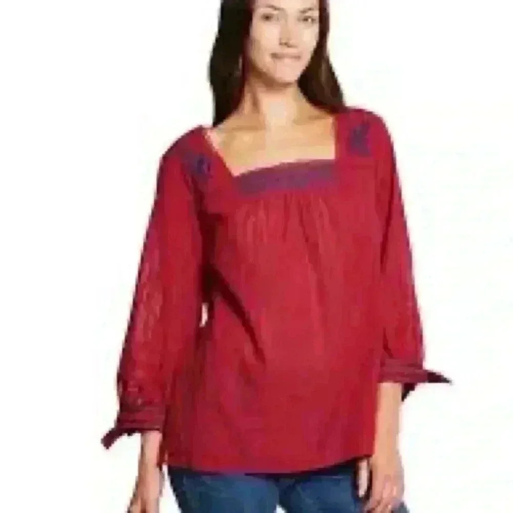 IZOD | Maroon Blouse with Navy Embroidery